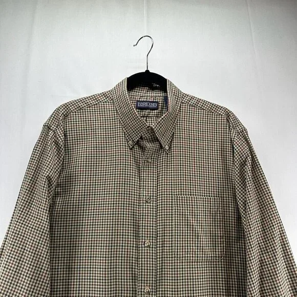 Lands End Shirt Mens Sz 16 1/2 Regular Fit Button Down Long Sleeve Gingham Beige - Picture 3 of 11
